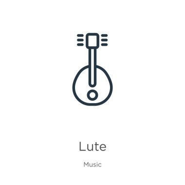 Lavta simgesi. Müzik koleksiyonundan beyaz arkaplanda izole edilmiş ince doğrusal lute outline simgesi. Çizgi vektör işareti, ağ ve mobil sembolü