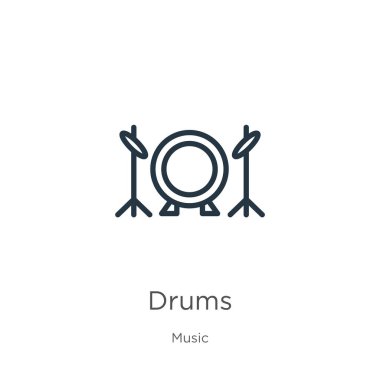 Davul simgesi. Müzik koleksiyonundan izole edilmiş ince doğrusal davul ana hatları simgesi. Çizgi vektör işareti, ağ ve mobil sembolü