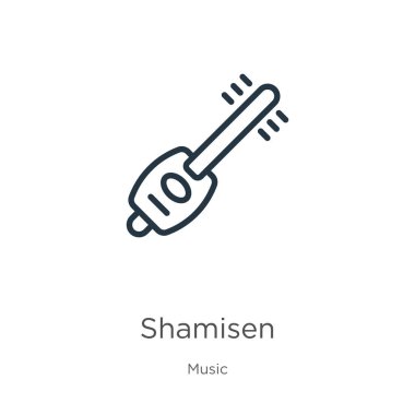 Shamisen ikonu. İnce doğrusal Shamisen taslak simgesi beyaz arkaplanda müzik koleksiyonundan izole edildi. Çizgi vektör işareti, ağ ve mobil sembolü