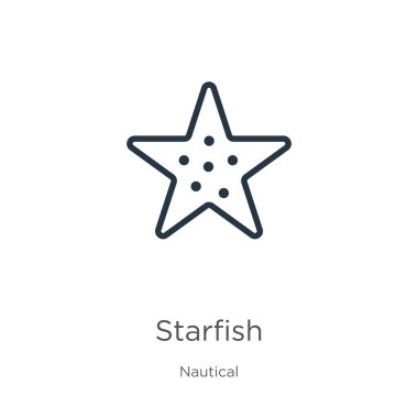 Denizyıldızı ikonu. İnce doğrusal deniz yıldızı ana hatları simgesi, denizcilik koleksiyonundan beyaz arkaplanda izole edildi. Çizgi vektör işareti, ağ ve mobil sembolü
