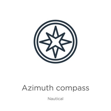 Azimuth pusula simgesi. Denizcilik koleksiyonundan izole edilmiş ince doğrusal azimut pusula ana hatları simgesi. Çizgi vektör işareti, ağ ve mobil sembolü