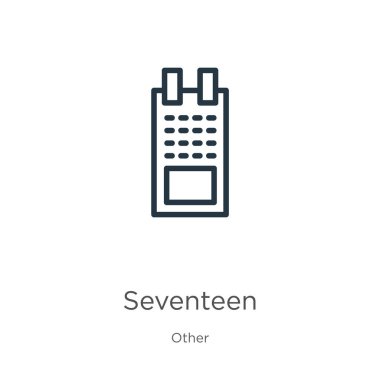 On yedi ikon. Diğer koleksiyonlardan beyaz arkaplanda izole edilmiş ince doğrusal on yedi ana hatlı simge. Çizgi vektör işareti, ağ ve mobil sembolü