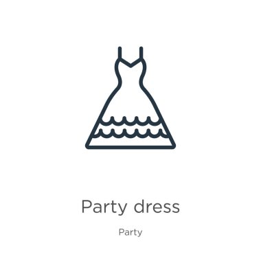 Parti elbisesi ikonu. Parti koleksiyonundan beyaz arkaplanda izole edilmiş ince doğrusal parti elbise taslak ikonu. Çizgi vektör işareti, ağ ve mobil sembolü
