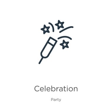 Kutlama simgesi. Parti koleksiyonundan beyaz arkaplanda izole edilmiş ince doğrusal kutlama ana hatları simgesi. Çizgi vektör işareti, ağ ve mobil sembolü