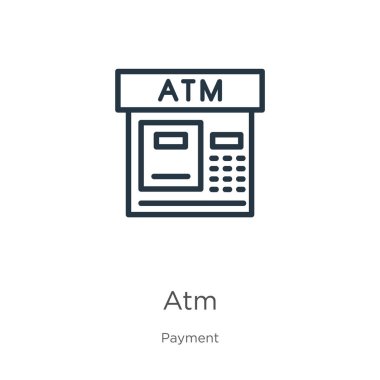 ATM simgesi. Beyaz arkaplanda ödeme tahsilatından izole edilmiş ince doğrusal ATM ana hatları simgesi. Çizgi vektör işareti, ağ ve mobil sembolü