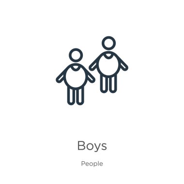 Erkek ikonu. İnce doğrusal çocuklar beyaz arkaplanda insan koleksiyonundan izole edilmiş bir ikon çiziyorlar. Çizgi vektör işareti, ağ ve mobil sembolü