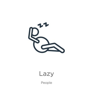 Tembel ikon. İnsanların koleksiyonundan beyaz arkaplanda izole edilmiş ince doğrusal tembel taslak simgesi. Çizgi vektör işareti, ağ ve mobil sembolü