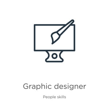Grafik tasarımcısı simgesi. İnce doğrusal grafik tasarımcısı ana hatları beyaz arkaplandaki insan becerileri koleksiyonundan izole edilmiş. Çizgi vektör işareti, ağ ve mobil sembolü