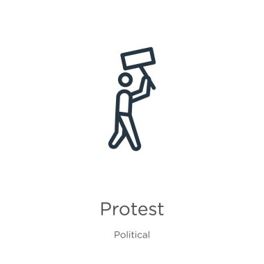 Protesto simgesi. Politik koleksiyondan beyaz arkaplanda izole edilmiş ince doğrusal protesto ana hatları simgesi. Çizgi vektör işareti, ağ ve mobil sembolü