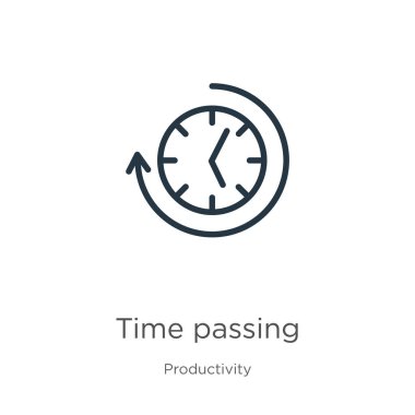 Zaman ikonu geçiyor. Verimlilik koleksiyonundan izole edilmiş ince doğrusal zaman ana hatları simgesi. Çizgi vektör işareti, ağ ve mobil sembolü