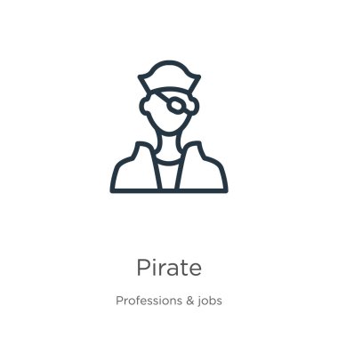Korsan ikonu. Meslek ve iş kolleksiyonundan beyaz arkaplanda izole edilmiş ince doğrusal korsan ana hatları simgesi. Çizgi vektör işareti, ağ ve mobil sembolü