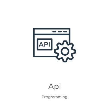Api simgesi. İnce doğrusal api ana hatları simgesi beyaz arkaplanda programlama koleksiyonundan izole edildi. Çizgi vektör işareti, ağ ve mobil sembolü