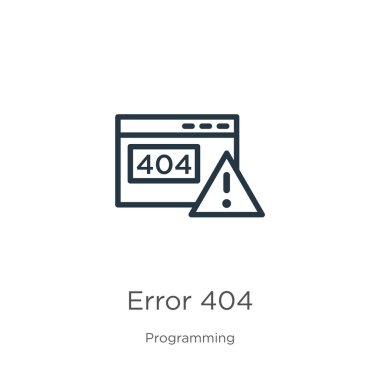 Hata 404 simgesi. İnce doğrusal hata 404 ana hat simgesi beyaz arkaplandaki programlama koleksiyonundan izole edildi. Çizgi vektör işareti, ağ ve mobil sembolü