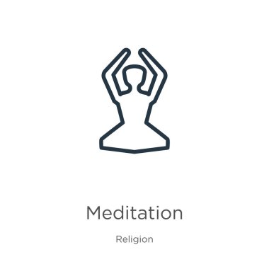 Meditasyon ikonu. Din koleksiyonundan beyaz arkaplanda izole edilmiş ince doğrusal meditasyon ana hatları simgesi. Çizgi vektör işareti, ağ ve mobil sembolü