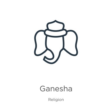 Ganesha ikonu. Din koleksiyonundan beyaz arkaplanda izole edilmiş ince doğrusal ganesha ana hatları simgesi. Çizgi vektör işareti, ağ ve mobil sembolü