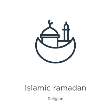 İslam ramazanı ikonu. Din koleksiyonundan beyaz arkaplanda izole edilmiş ince doğrusal ramazan ana hatları ikonu. Çizgi vektör işareti, ağ ve mobil sembolü