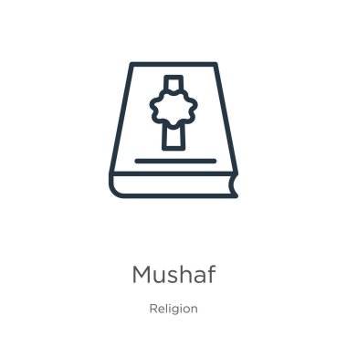 Müzikon. Din koleksiyonundan beyaz arkaplanda izole edilmiş ince doğrusal bir müslüman ana hatları simgesi. Çizgi vektör işareti, ağ ve mobil sembolü