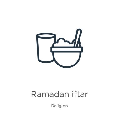 Ramazan iftar ikonu. Din koleksiyonundan izole edilmiş ince doğrusal ramazan ana hatları simgesi. Çizgi vektör işareti, ağ ve mobil sembolü