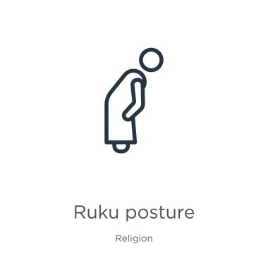 Ruku duruş ikonu. Din koleksiyonundan izole edilmiş ince doğrusal Ruku duruş ana hatları simgesi. Çizgi vektör işareti, ağ ve mobil sembolü