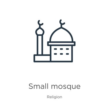 Küçük cami simgesi. Din koleksiyonundan beyaz zemin üzerinde izole edilmiş ince doğrusal küçük cami ana hatları ikonu. Çizgi vektör işareti, ağ ve mobil sembolü