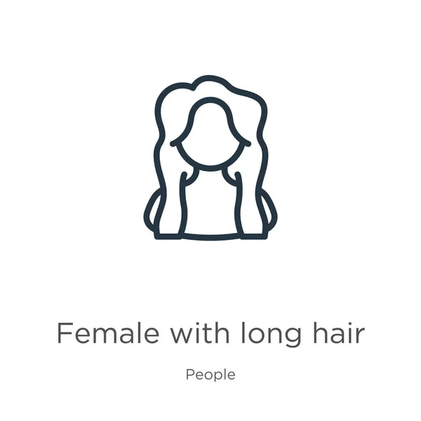 長い髪のアイコンを持つ女性 長い髪の輪郭アイコンを持つ細い線形の女性は 人々のコレクションから白い背景に隔離されています ラインベクトル記号 ウェブとモバイル用の記号 — ストックベクタ