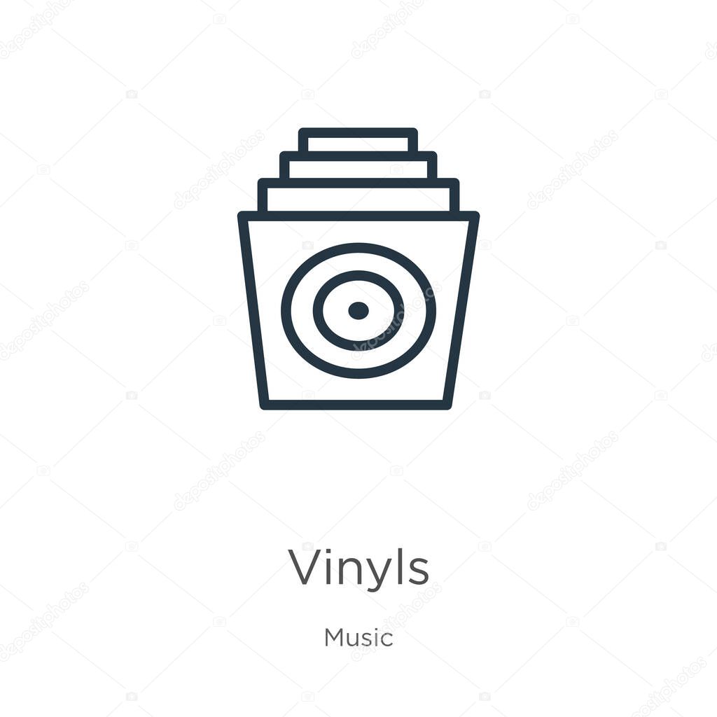 Vinyls icon. Thin linear vinyls outline icon isolated on white background from music collection. Line vector sign, symbol for web and mobile
