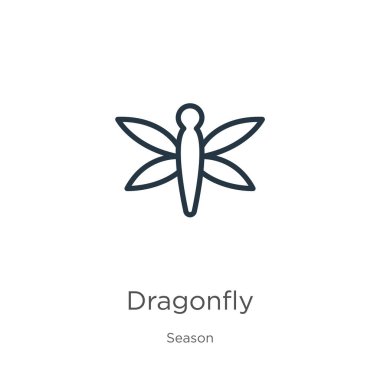 Yusufçuk ikonu. İnce doğrusal yusufçuk ana hatları simgesi, sezon koleksiyonundan beyaz arkaplanda izole edilmiş. Çizgi vektör işareti, ağ ve mobil sembolü