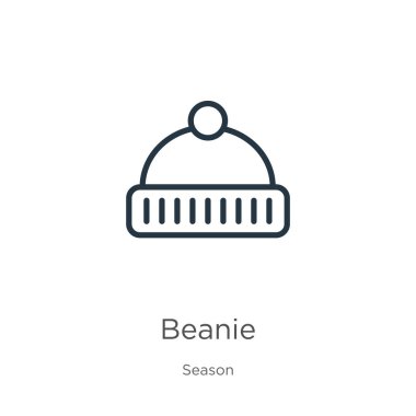 Beanie ikonu. Sezonluk koleksiyondan beyaz arkaplanda izole edilmiş ince çizgisel bere taslak ikonu. Çizgi vektör işareti, ağ ve mobil sembolü
