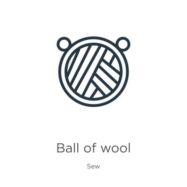 Yün yumağı. Dikiş koleksiyonundan beyaz arkaplanda izole edilmiş ince doğrusal yün çizgi ikonu. Çizgi vektör işareti, ağ ve mobil sembolü