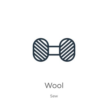 Yün ikonu. Dikiş koleksiyonundan beyaz arkaplanda izole edilmiş ince doğrusal yün dış hat simgesi. Çizgi vektör işareti, ağ ve mobil sembolü