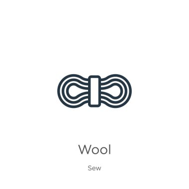 Yün ikonu. Dikiş koleksiyonundan beyaz arkaplanda izole edilmiş ince doğrusal yün dış hat simgesi. Çizgi vektör işareti, ağ ve mobil sembolü