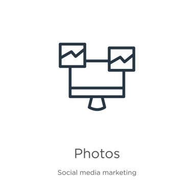 Fotoğraf ikonu. Sosyal medya koleksiyonundan beyaz arkaplanda izole edilmiş ince doğrusal fotoğraf ana hatları simgesi. Çizgi vektör işareti, ağ ve mobil sembolü