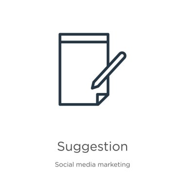 Öneri simgesi. Sosyal medya koleksiyonundan beyaz arkaplanda izole edilmiş ince doğrusal öneri ana hatları simgesi. Çizgi vektör işareti, ağ ve mobil sembolü