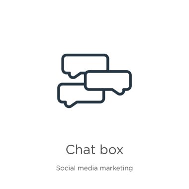 Sohbet kutusu simgesi. Sosyal koleksiyondan beyaz arkaplanda izole edilmiş ince doğrusal sohbet kutusu ana hatları simgesi. Çizgi vektör işareti, ağ ve mobil sembolü