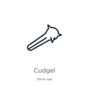 Cudgel ikonu. Taş devri koleksiyonundan beyaz arkaplanda izole edilmiş ince doğrusal sopa ana hatları simgesi. Çizgi vektör işareti, ağ ve mobil sembolü