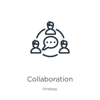 İşbirliği simgesi. Strateji koleksiyonundan beyaz arkaplanda izole edilmiş ince doğrusal işbirliği ana hatları simgesi. Çizgi vektör işareti, ağ ve mobil sembolü