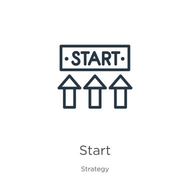 Simgeyi başlat. Strateji koleksiyonundan izole edilmiş ince doğrusal başlangıç ana hatları simgesi. Çizgi vektör işareti, ağ ve mobil sembolü