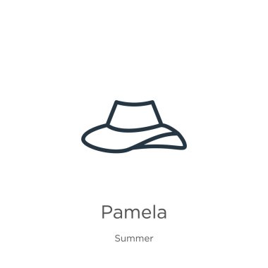 Pamela ikonu. İnce doğrusal Pamela ana hatları simgesi yaz koleksiyonundan izole edilmiş. Çizgi vektör işareti, ağ ve mobil sembolü