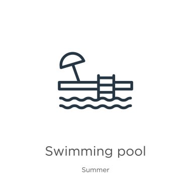 Yüzme havuzu ikonu. Yaz koleksiyonundan izole edilmiş ince doğrusal yüzme havuzu ana hatları ikonu. Çizgi vektör işareti, ağ ve mobil sembolü