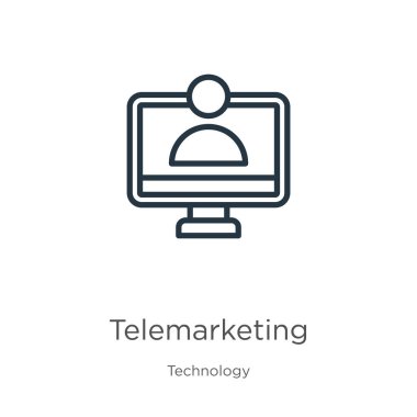 Tele pazarlama ikonu. Teknoloji koleksiyonundan beyaz arkaplanda izole edilmiş ince doğrusal telemarket taslak simgesi. Çizgi vektör işareti, ağ ve mobil sembolü