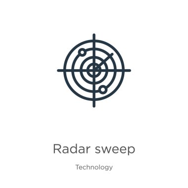 Radar tarama simgesi. İnce doğrusal radar tarama ana hatları simgesi beyaz arkaplanda teknoloji koleksiyonundan izole edildi. Çizgi vektör işareti, ağ ve mobil sembolü