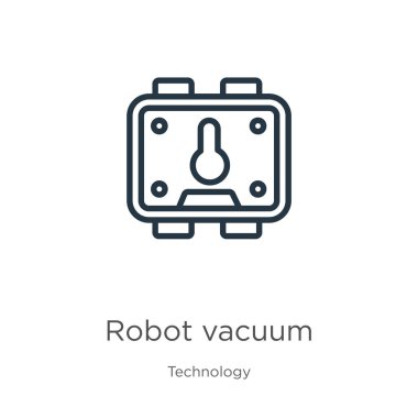 Robot süpürge simgesi. Teknoloji koleksiyonundan izole edilmiş ince doğrusal robot vakum ana hatları simgesi. Çizgi vektör işareti, ağ ve mobil sembolü