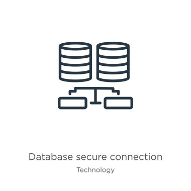 Veritabanı güvenli bağlantı simgesi. İnce doğrusal veritabanı güvenli bağlantı ana hatları simgesi beyaz arkaplanda teknoloji koleksiyonundan izole edildi. Çizgi vektör işareti, ağ ve mobil sembolü