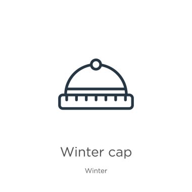 Kış şapkası ikonu. Kış koleksiyonundan beyaz zemin üzerinde izole edilmiş ince çizgisel kış başlığı ana hatları simgesi. Çizgi vektör işareti, ağ ve mobil sembolü