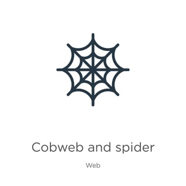 Örümcek ağı ve örümcek ikonu. İnce doğrusal örümcek ağı ve örümcek ana hatları ikonu ağ koleksiyonundan beyaz arkaplanda izole edilmiş. Çizgi vektör işareti, ağ ve mobil sembolü