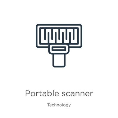 Taşınabilir tarayıcı simgesi. Teknoloji koleksiyonundan beyaz arkaplanda izole edilmiş ince doğrusal taşınabilir ana hatlar simgesi. Çizgi vektör işareti, ağ ve mobil sembolü