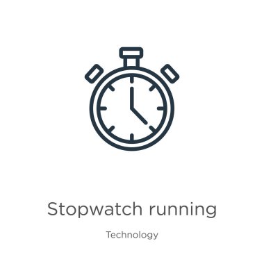 Stopwatch simgesi çalışıyor. Teknoloji koleksiyonundan izole edilmiş ince doğrusal kronometre ana hatları simgesi. Çizgi vektör işareti, ağ ve mobil sembolü