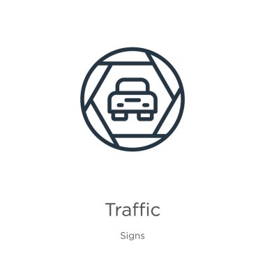 Trafik ikonu. İnce doğrusal trafik ana hatları simgesi beyaz arkaplandaki tabela koleksiyonundan izole edildi. Çizgi vektör işareti, ağ ve mobil sembolü