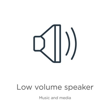 Düşük ses hoparlörü simgesi. Müzik ve medya koleksiyonundan beyaz arkaplanda izole edilmiş ince doğrusal düşük ses düzeyi hoparlörü ana hatları simgesi. Çizgi vektör işareti, ağ ve mobil sembolü