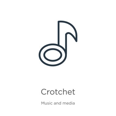 Crotchet simgesi. Müzik ve medya koleksiyonundan beyaz arkaplanda izole edilmiş ince doğrusal crotchet outline simgesi. Çizgi vektör işareti, ağ ve mobil sembolü